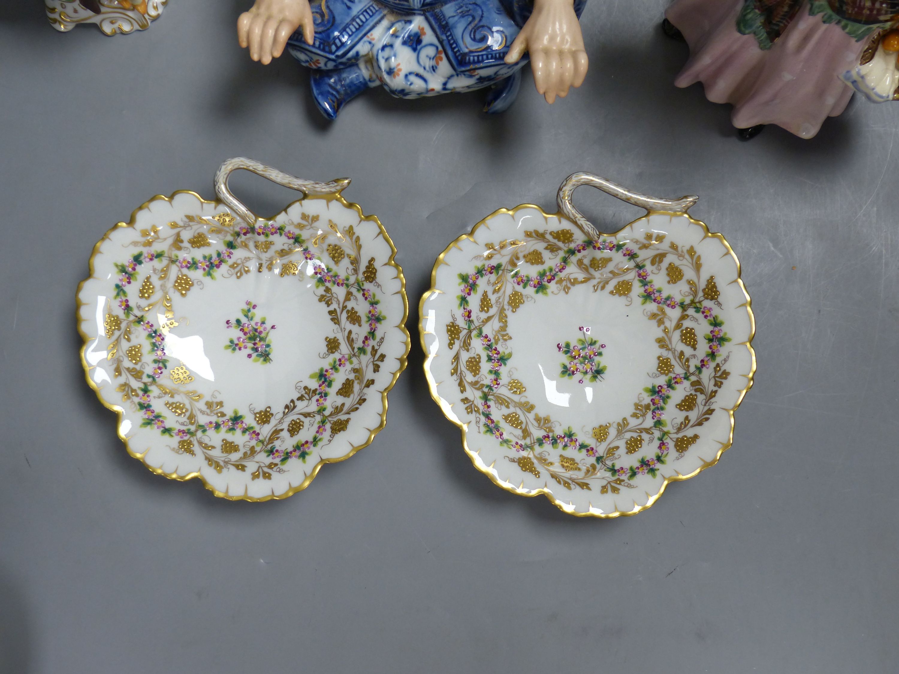A Continental blue and white nodding figure of a Chinese man, two other figures and three other items